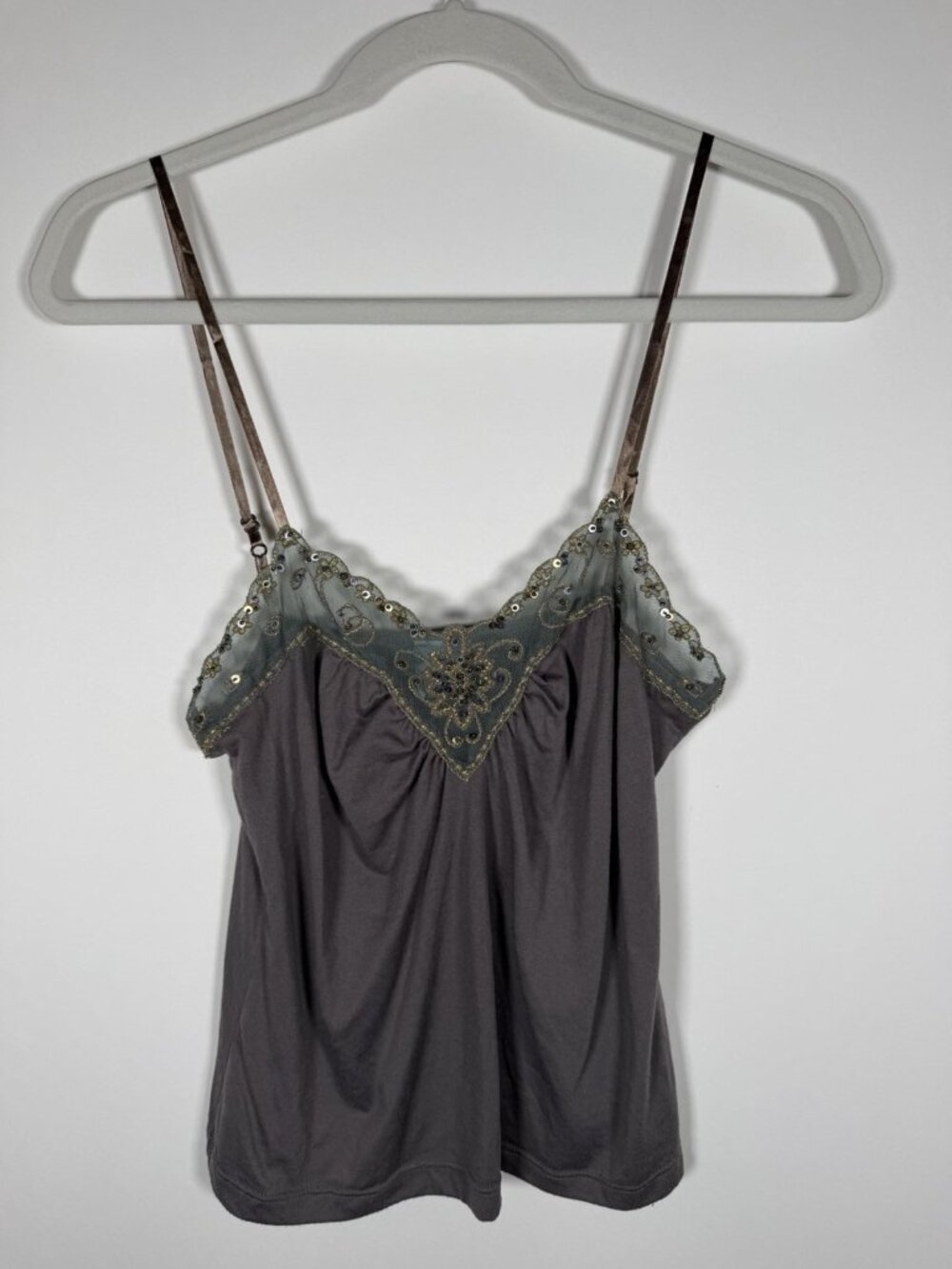 Vintage Y2K Damsel gray sequins fairy pleated strappy camisole S mesh sheer